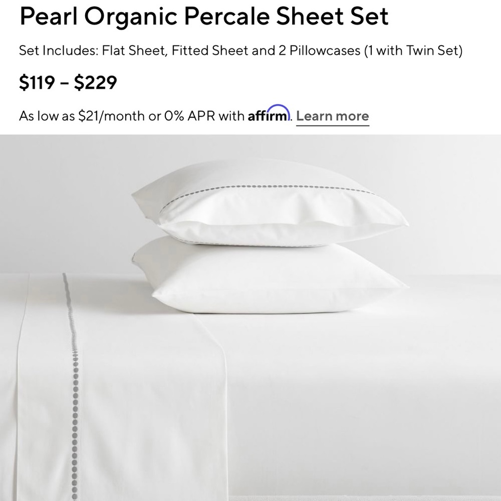 Pottery Barn Pearl Organic Percale King Sheet Set